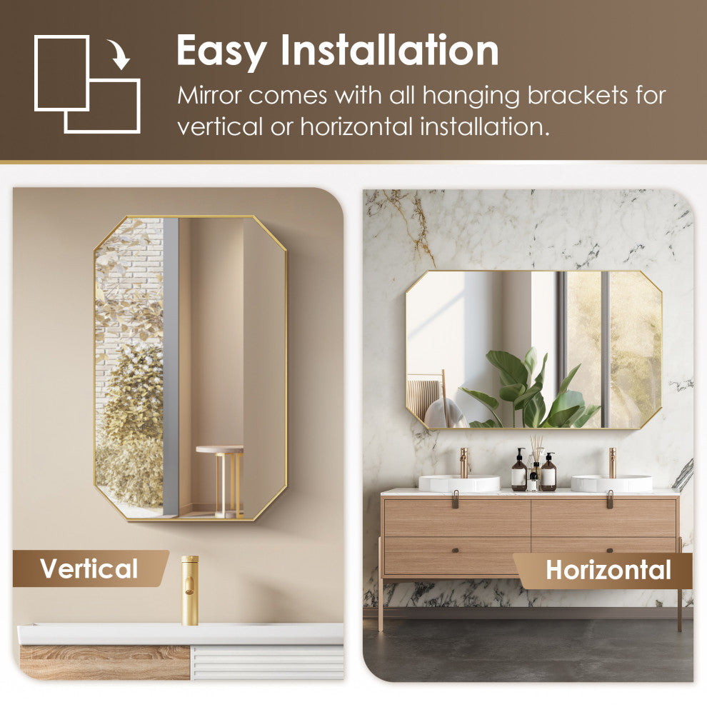 Allure Octagon Framed Bathroom Wall Mirror, Brushed Gold, 48"