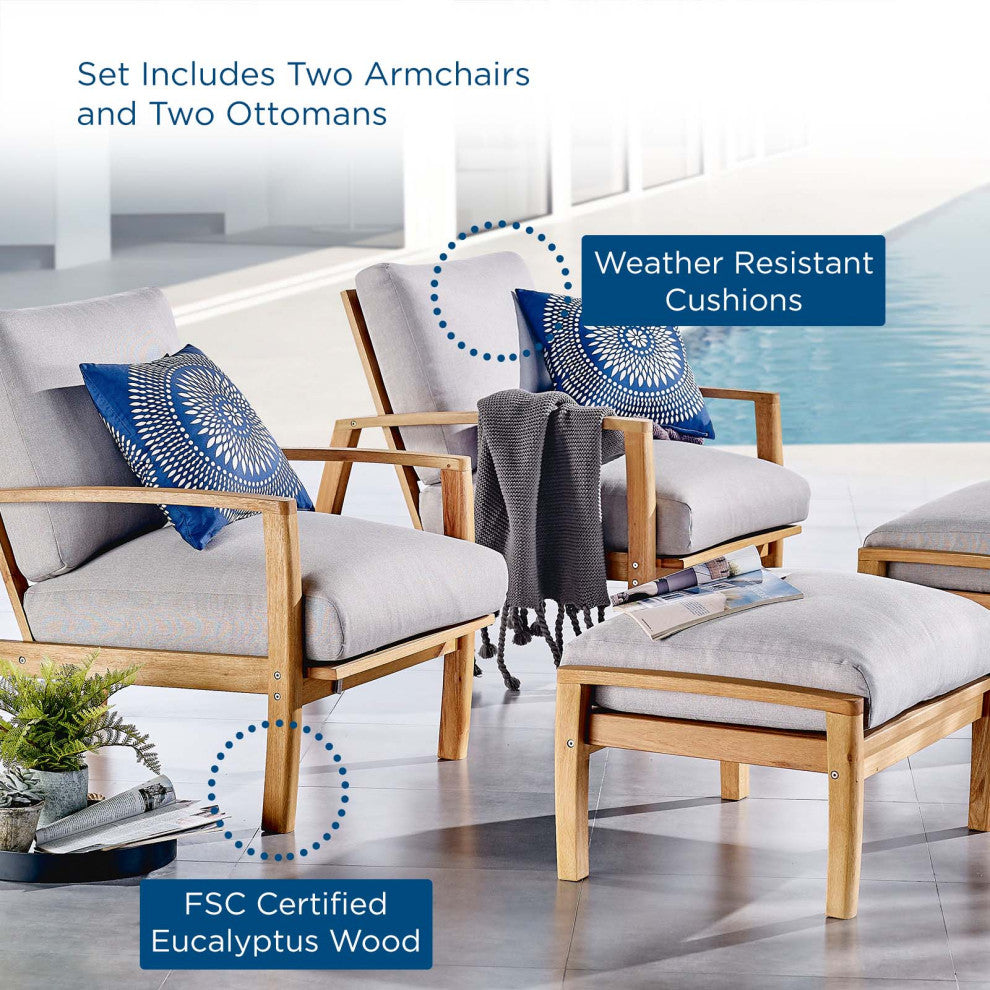 Lounge Sectional Sofa Chair Set, Wood, Brown Natural Gray, Modern, Outdoor