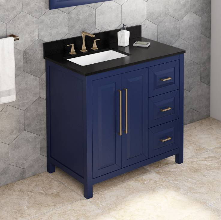 Cade Transitional 36" Hale Blue Left Offset Sink Vanity, Black Granite Vanity To