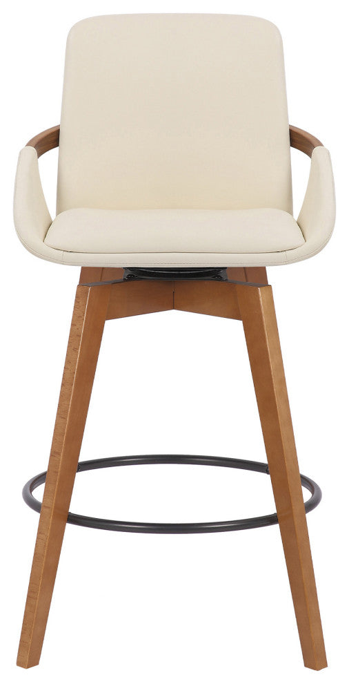 26" Luxurious Cream and Walnut Faux Leather Swivel Bar Stool