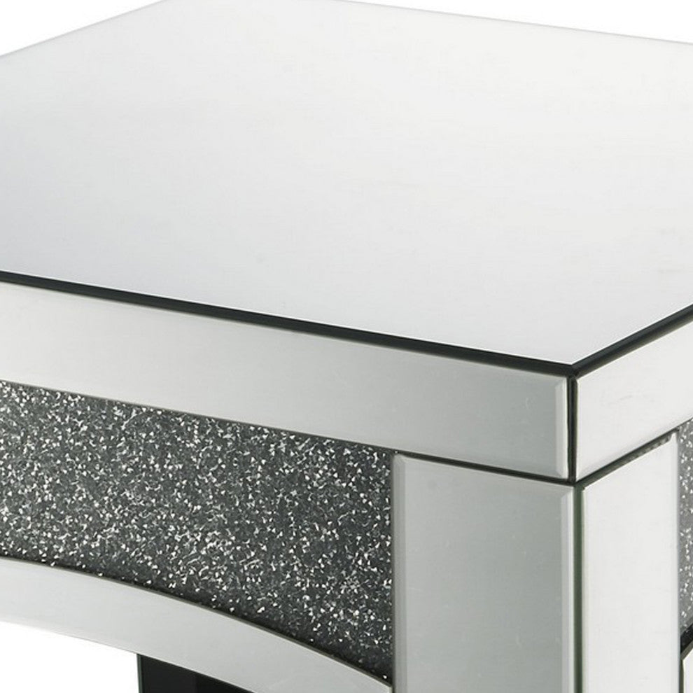 Benzara BM252330 End Table With Mirror Trim and Faux Stone Inlays, Silver