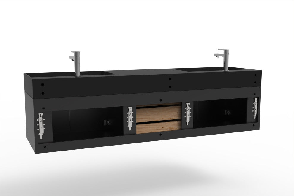 CastelloUSA Amazon 72" Wall Mounted Vanity Set, Black, Black Top, Black Handles