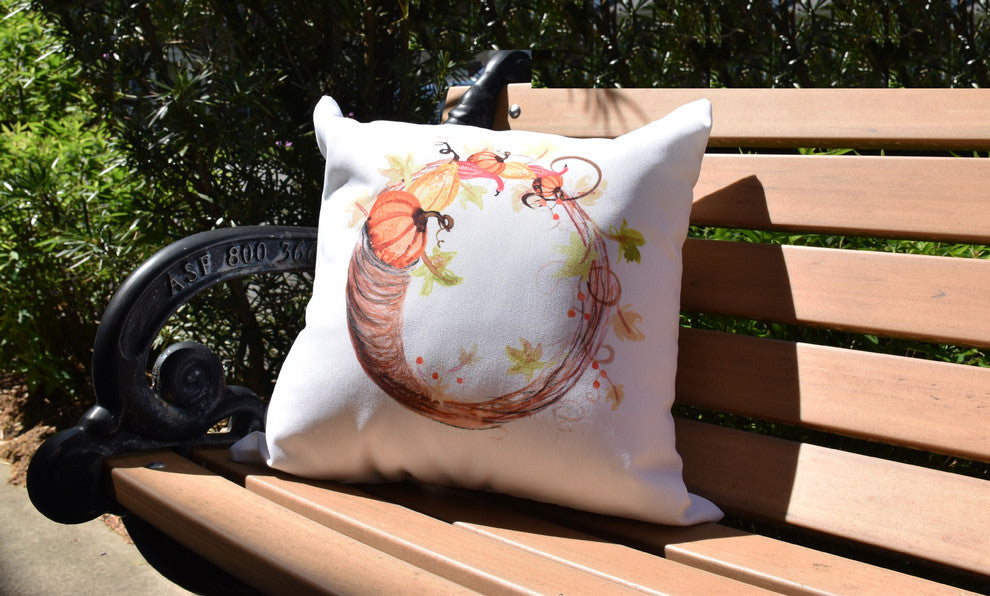 Cornicopia Wreath Cream Fall Print Outdoor Decorative Throw Pillow, 18"