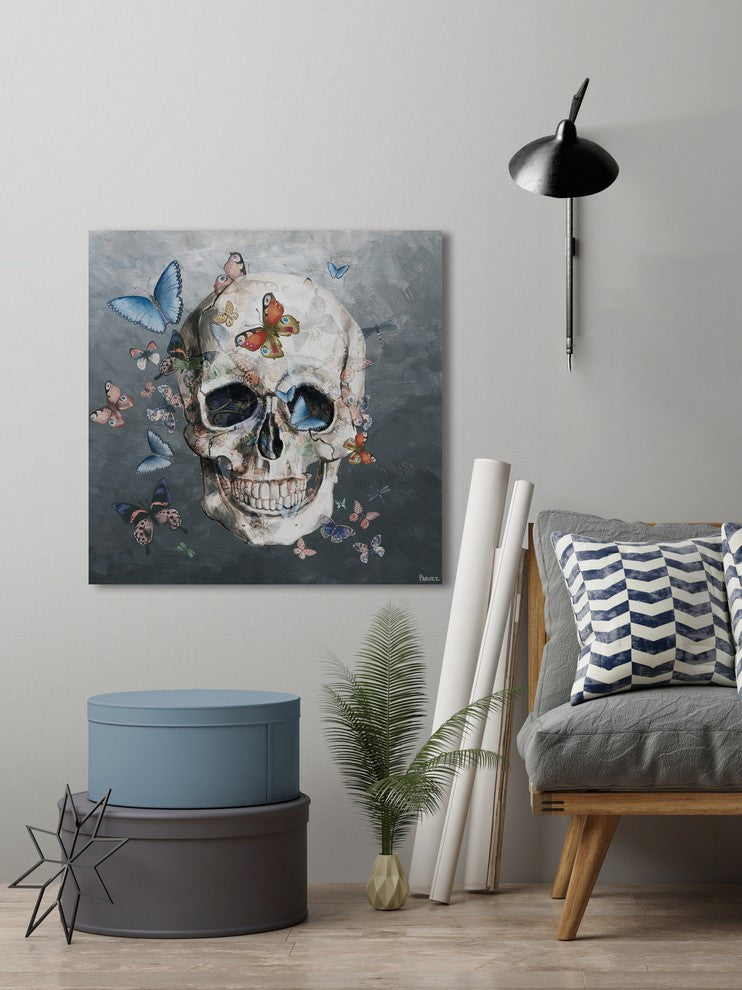 "Tinted Happy Butterfly Skull" Painting Print on Wrapped Canvas, 48"x48"