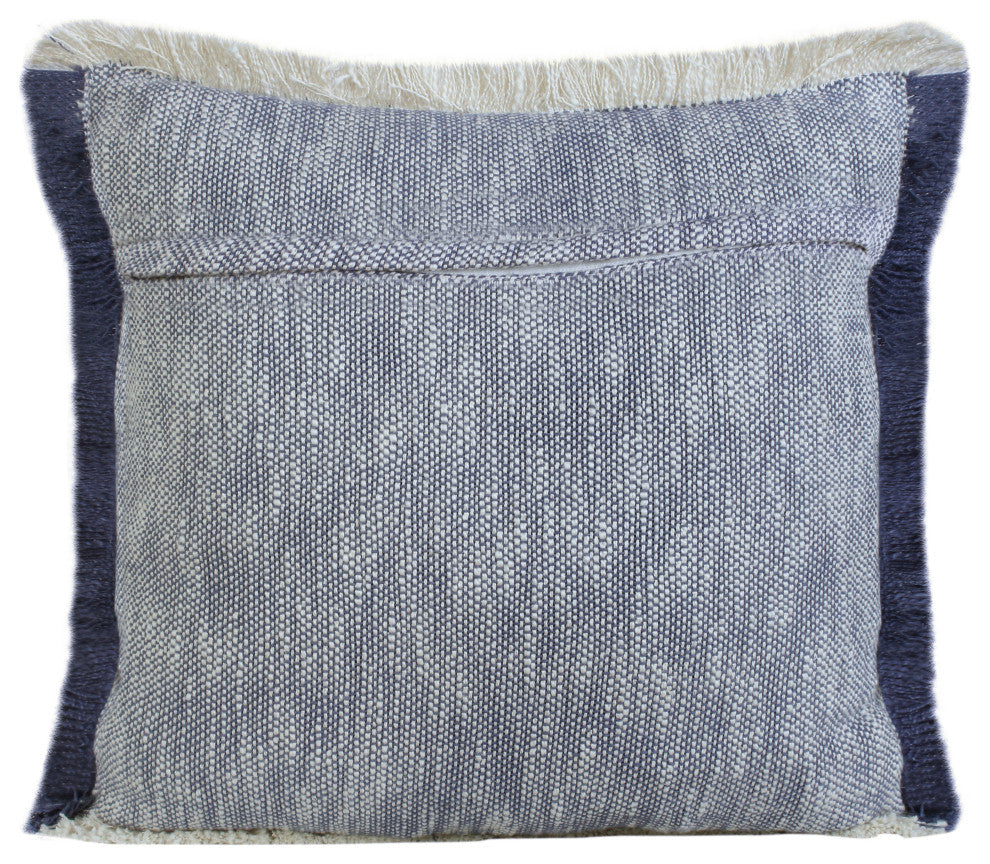 Two-Tone Cotton Throw Pillow with Fringe, Navy Blue, 20" X 20"
