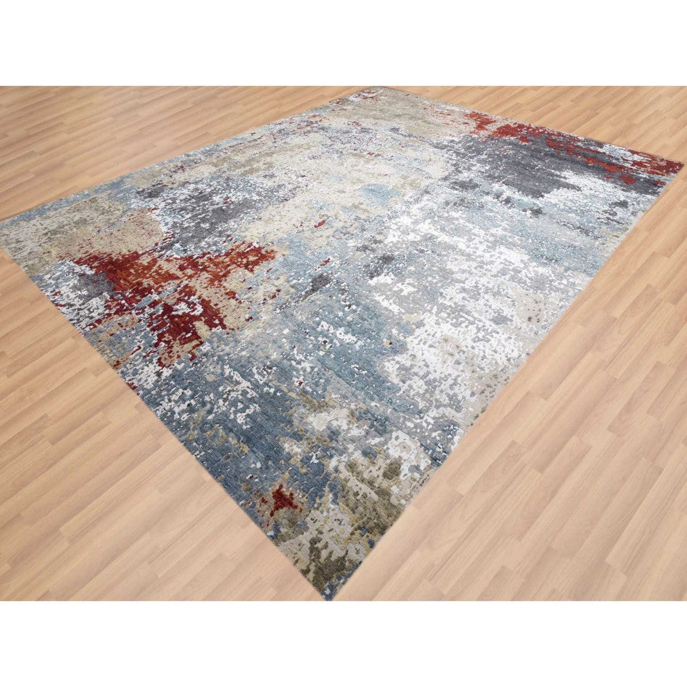 Blue Hand Knotted, Densely Woven Wool, Oversized Oriental Rug, 12'0"x15'2"