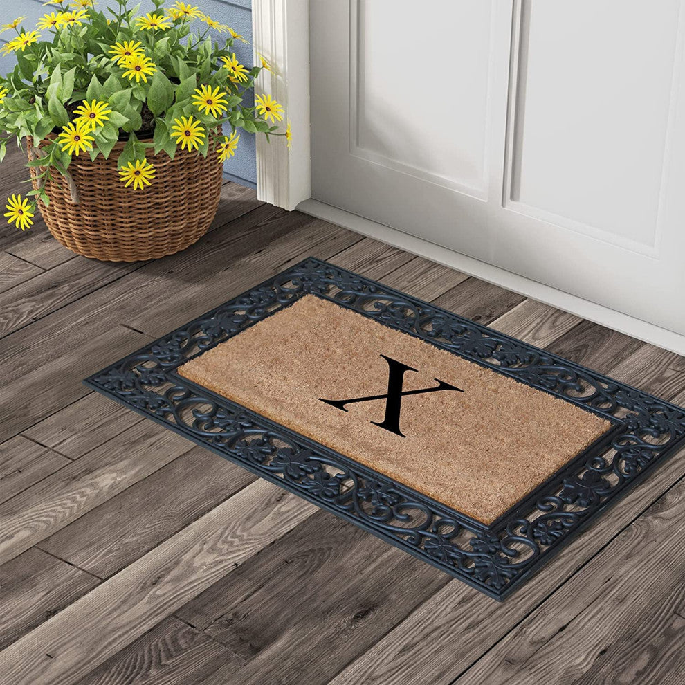 A1HC Floral Border Black 18x30 Rubber and Coir Heavy Duty Monogrammed Doormat, X