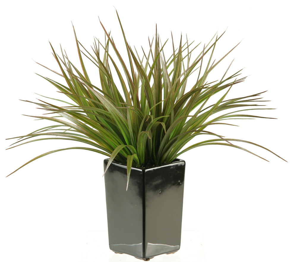 D&W Silks Brown / Green Grass in Square Black Ceramic Planter