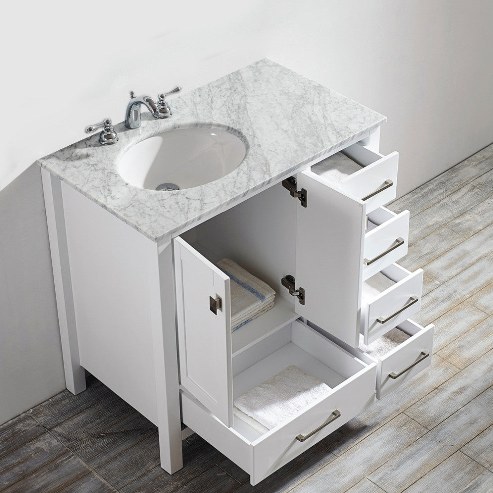 36" Single Vanity in White with Carrara White Marble Countertop Without Mirror