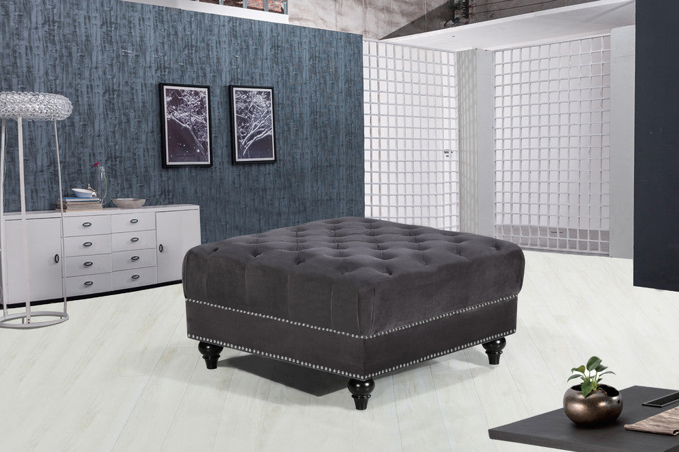 Sabrina Velvet Upholstered Ottoman, Gray