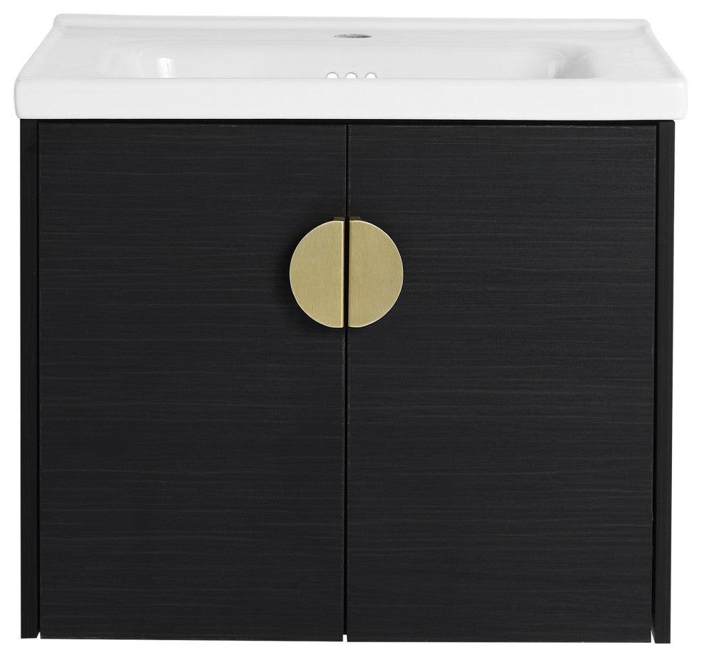 24" Plywood Wall Mounted Bath Vanity Set, Black, Ceramic Basin