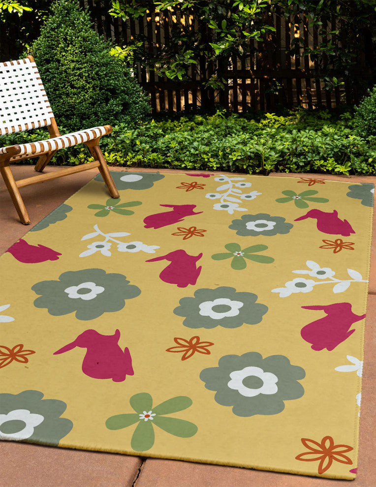 Flowery Love with Bunnies Chenille Area Rug