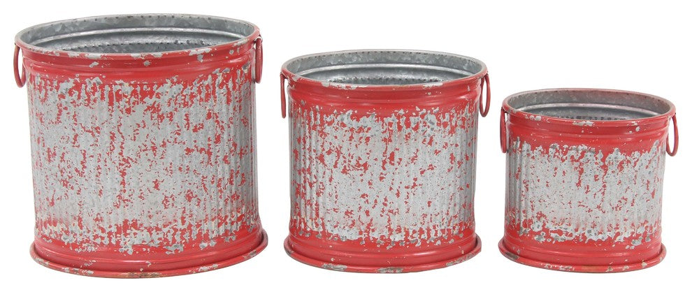 Farmhouse Cylindrical Iron Planters With Ring Handles, 3-Piece Set, Red