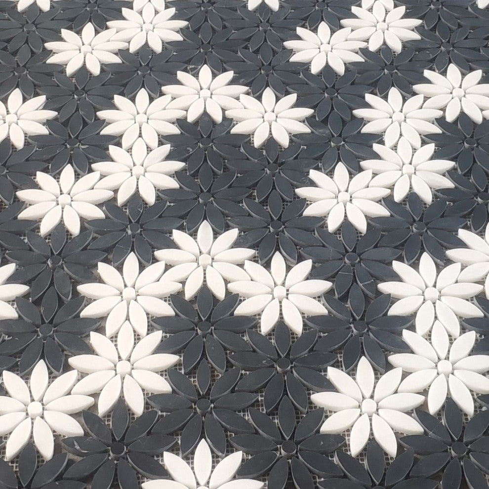 Nero Marquina Black Thassos White Marble Flower Waterjet Mosaic Tile, 1 sheet
