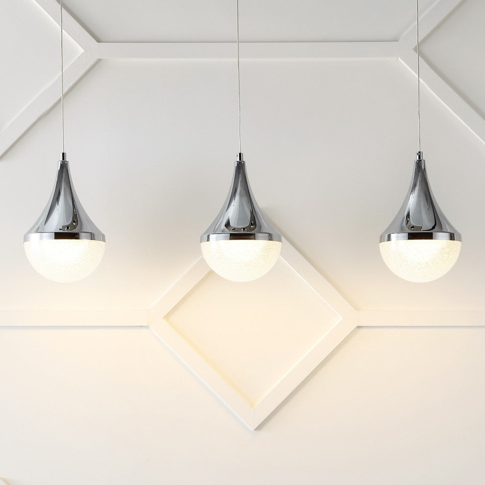 Elyse Teardrop 3-Light Iron/Acrylic Linear Pendant, Chrome/White, Width: 33"