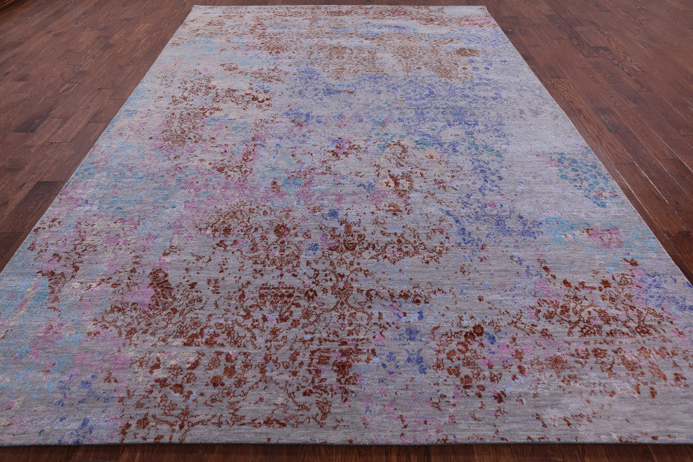 Wool and Silk Modern Hand Knotted Rug 8' 11" X 12' 6" Q7073