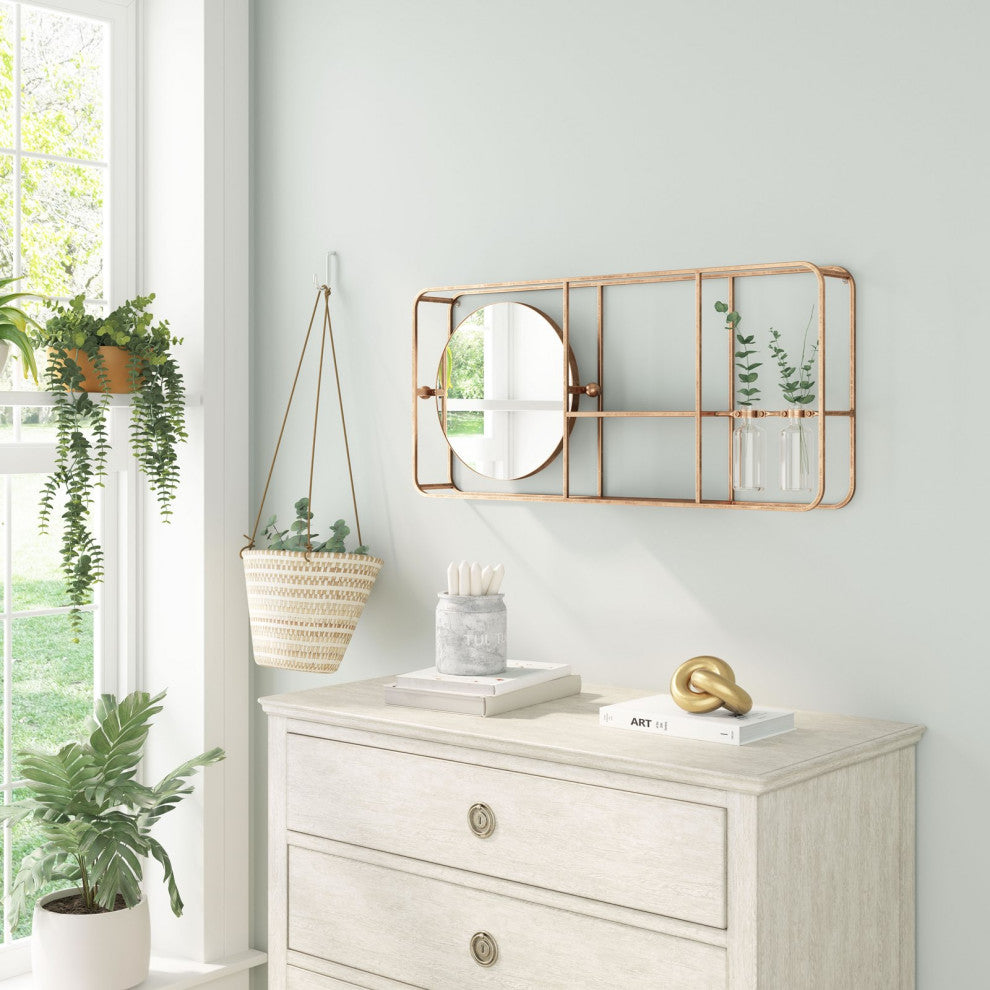 Frame Wall Mirror, Round, Glass, Steel Metal, Gold, Bedroom Living