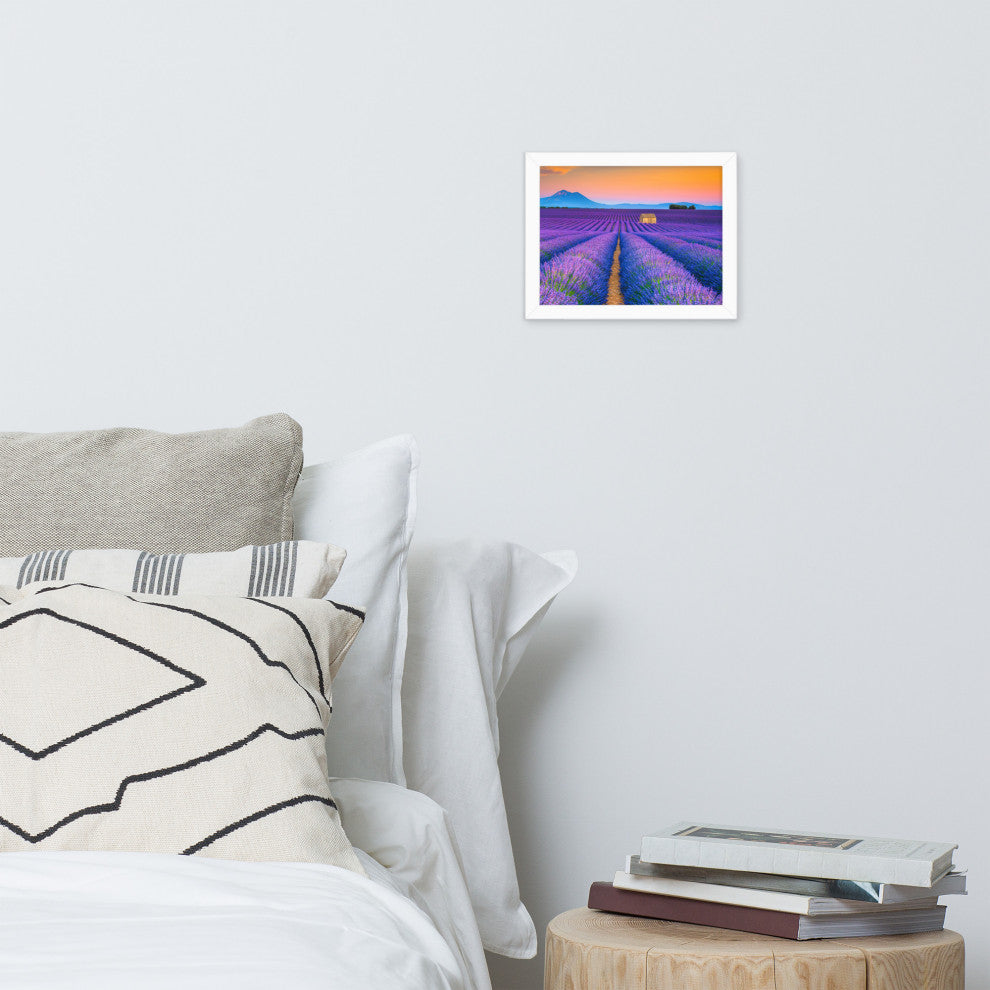 Blooming Lavender Field and Sunset Floral Landscape Framed Photo Wall Art Prints, White, 8" X 10"