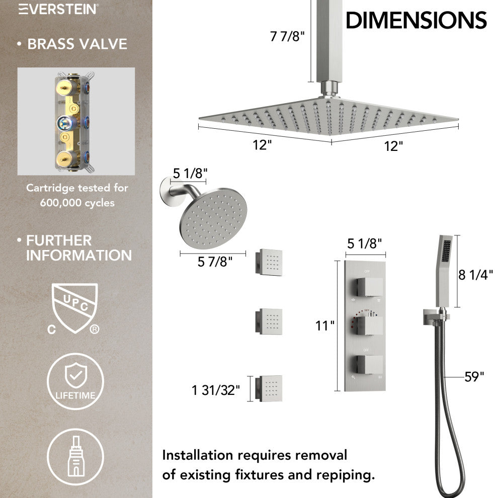 Thermostatic Dual Heads 12" Rainfall Shower System With 3 Body Jets, Brushed Nickel