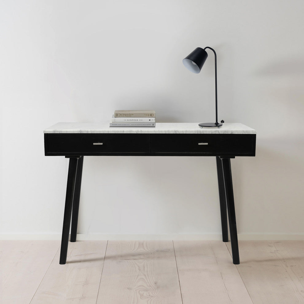 Viola 44" Rectangular Italian Carrara White Marble Writing Desk, Black, 18" Wide