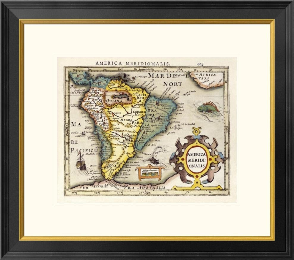"Map of South America" Framed Digital Print by Gerard Mercator, 26x23"
