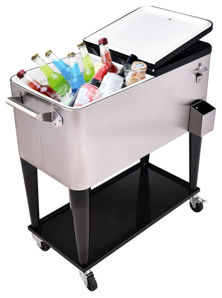 Costway Patio Cooler Rolling Outdoor Stainless Steel Ice Beverage Pool 80 Quart