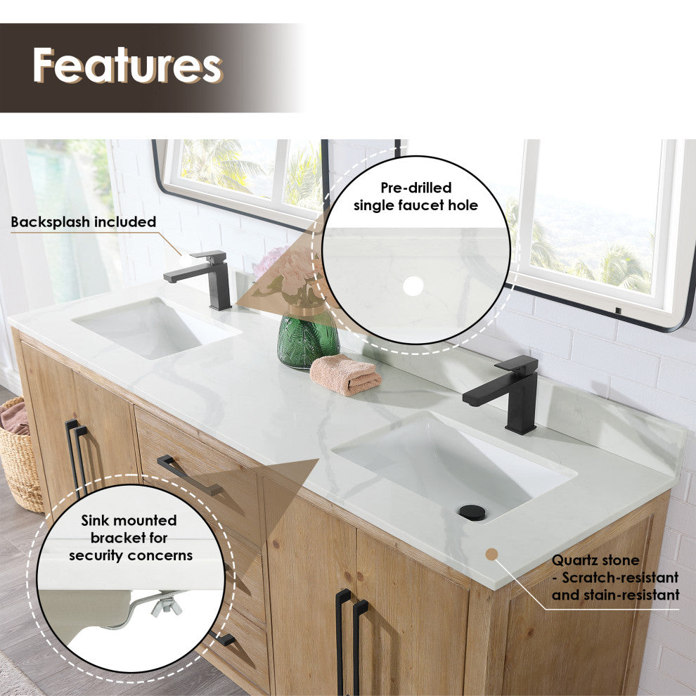Laurel Bathroom Vanity with Calacatta White Quartz Stone Countertop, Weathered Fir, 72", With Mirror