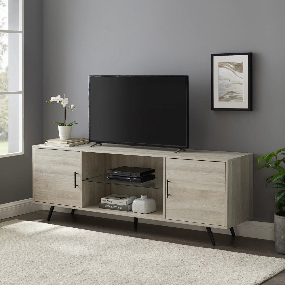 Retro Modern TV Stand, Angled Legs With Side Cabinets & Glass Shelf, Birch