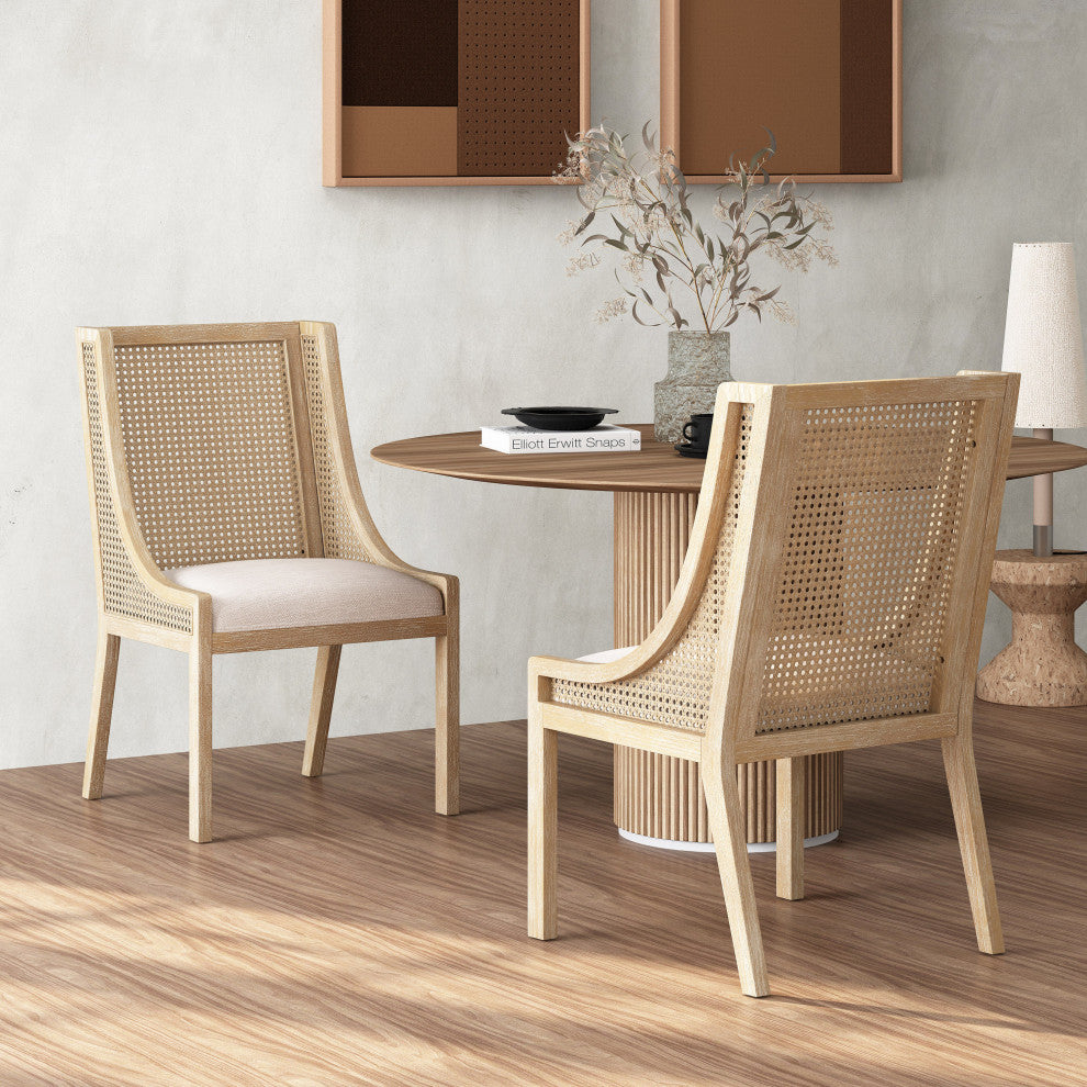 Wendell Rustic Fabric Upholstered Wood and Cane Dining Chairs, Set of 2, Beige
