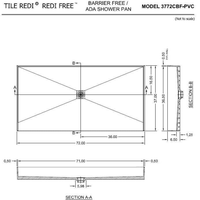 Tile Redi 3772CBF-PVC 37"x72" Curbless Shower Pan With Center PVC Drain