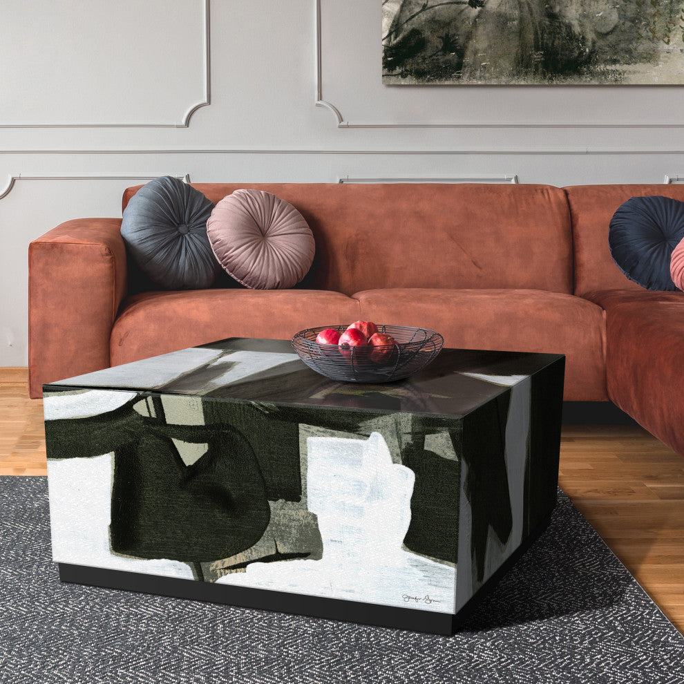 "Ode an Kline III" Reverse Printed Glass Cocktail Table with Black Plinth Base