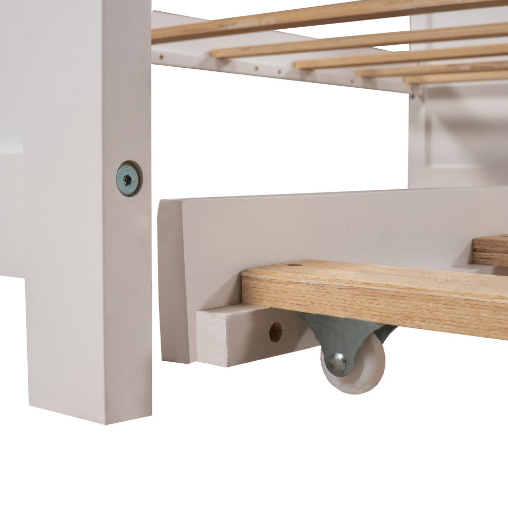 Twin Wood Frame Platform Bed with Trundle and Drawers , White, Twin