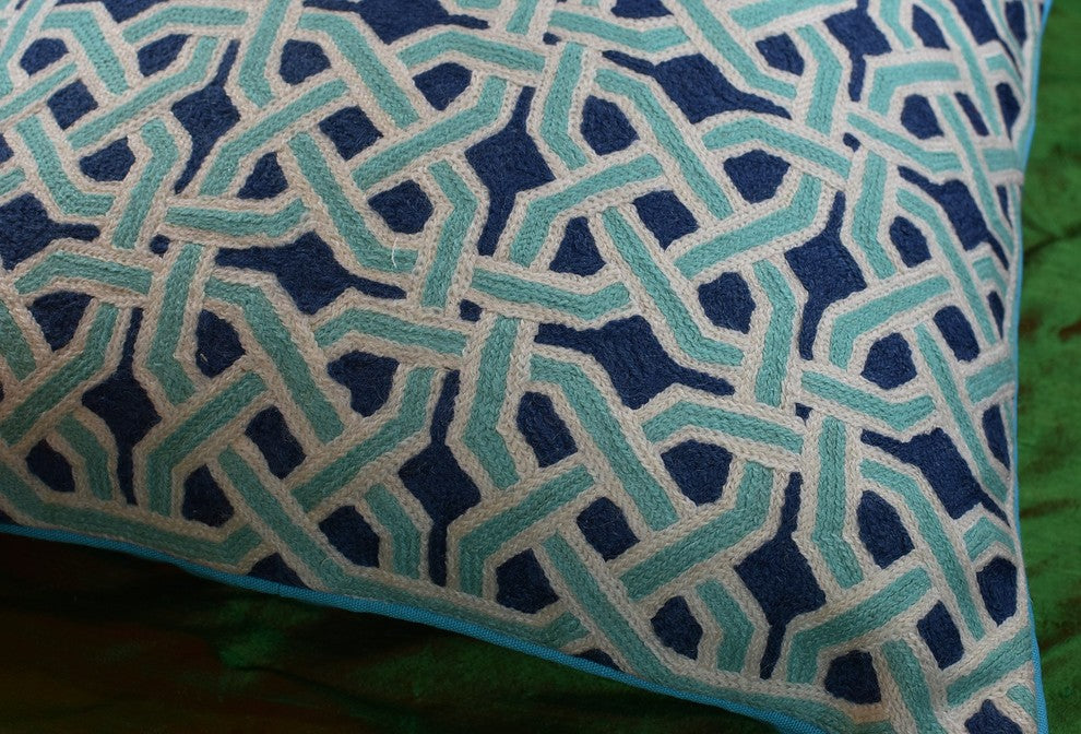 Mosaic Celtic Knot Turquoise Decorative Pillow Cover Handembroidered Wool 20x20"