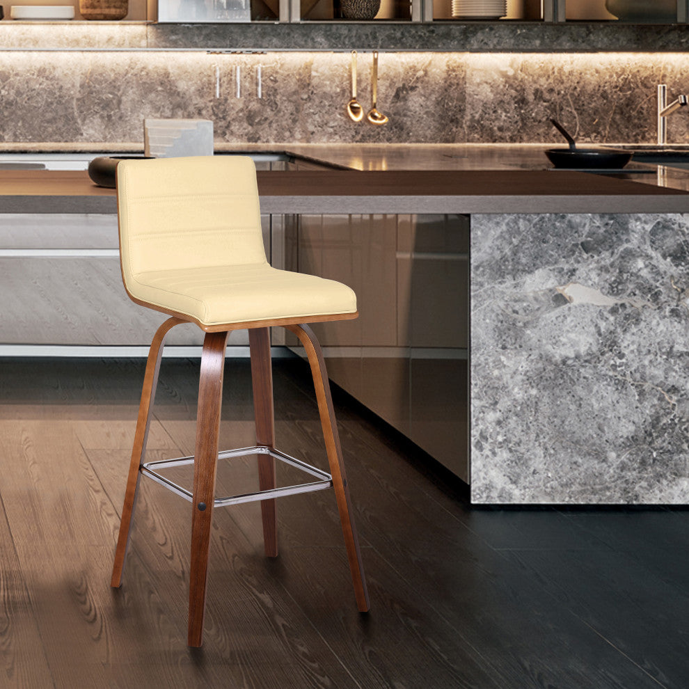 Vienna 30" Bar Height Barstool in Walnut Wood Finish With Cream Faux Leather