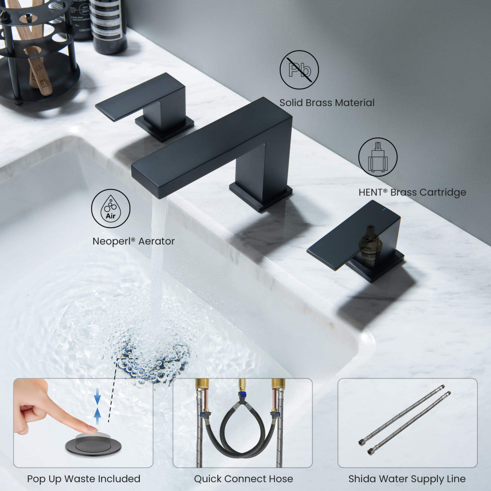 Cube 8" Widespread Bathroom Sink Faucet With Drain Assembly, Matte Black