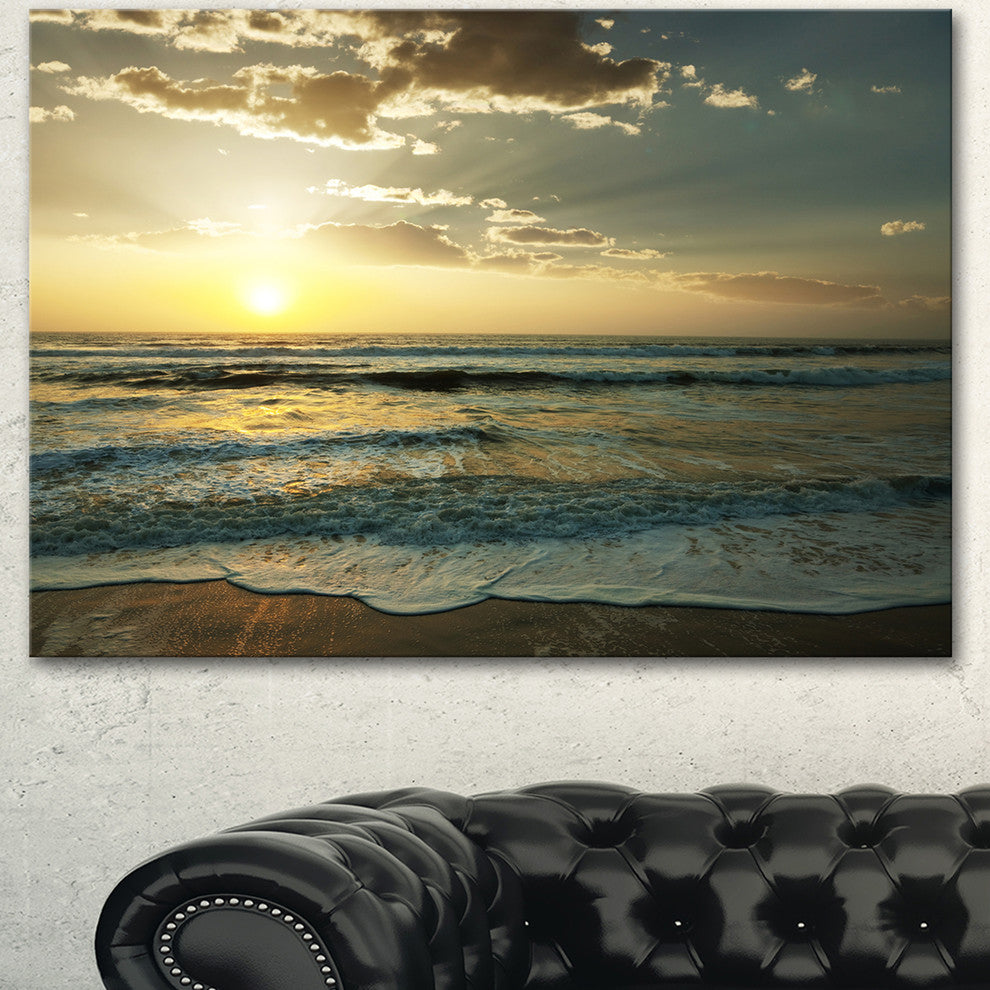 Dark Beach and Waves At Sunset, Beach Photo Canvas Print, 40"x30"