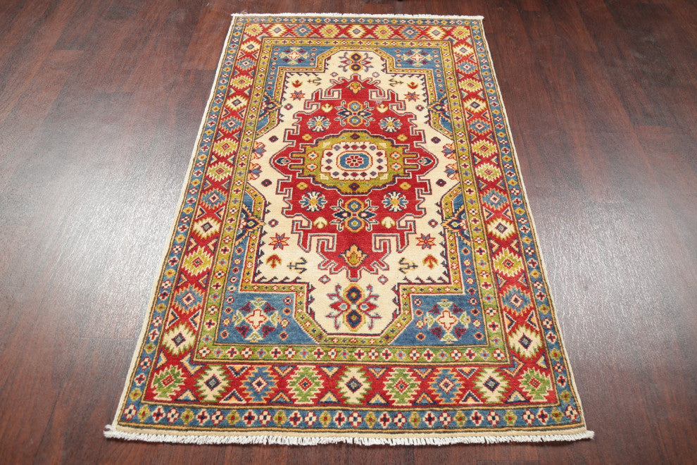 Oriental Kazak Traditional Hand Made Pakistani Area Rug, Beige, 5'1"x3'2