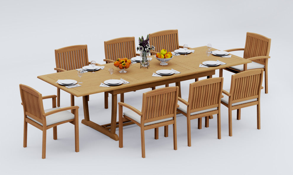 9-Piece Outdoor Teak Dining Set: 117" Rectangle Table, 8 Wave Stacking Arm Chair