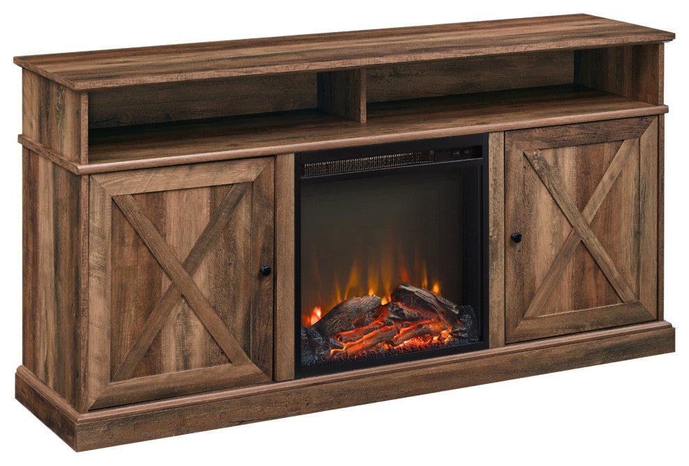Cherrington 60" Tall Highboy Barn Door Fireplace TV Stand  - Rustic Oak