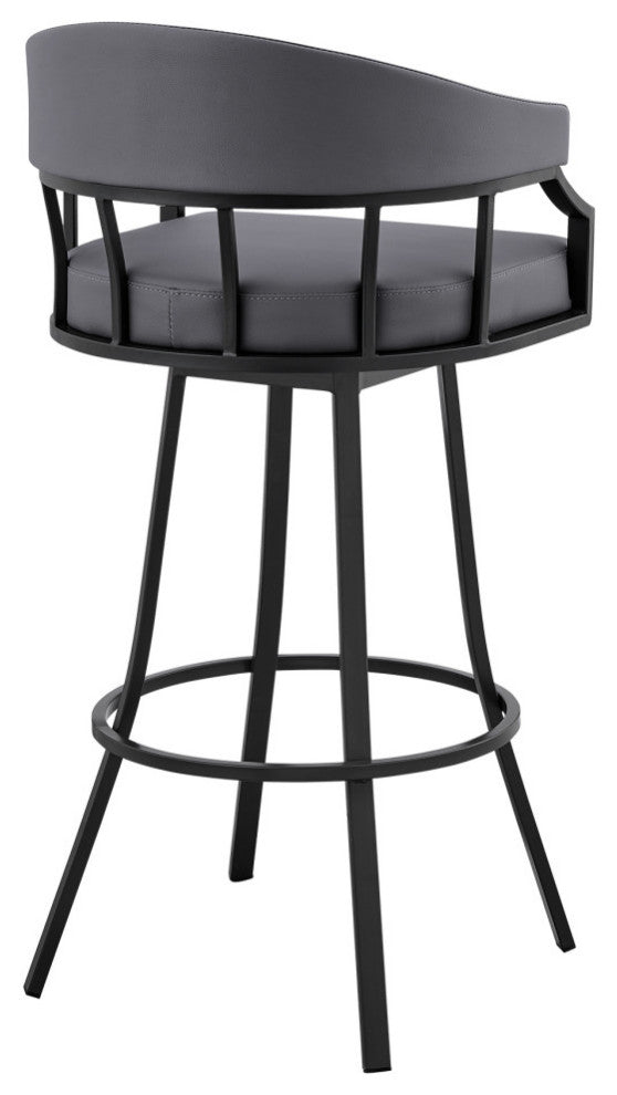 Valerie Swivel Brown Faux Leather and Java Brown Metal Bar Stool, Gray/Black, Bar Height