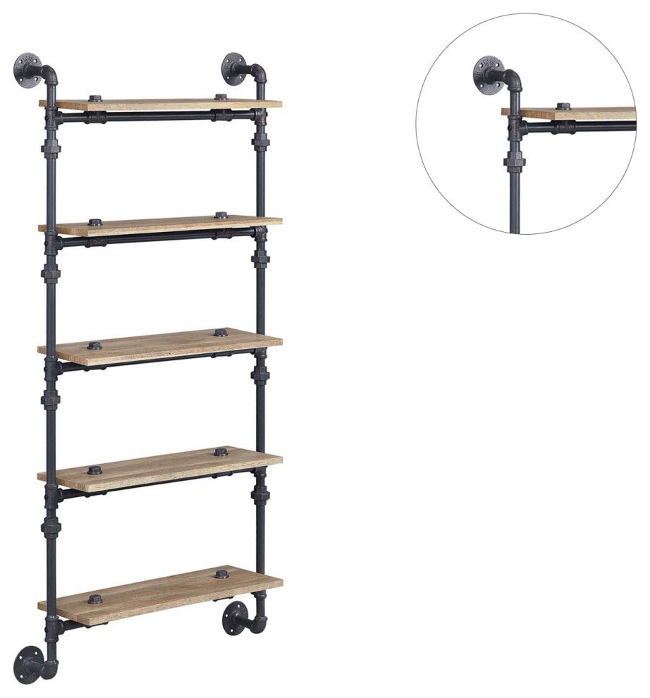 5 Tier Oak Wood Floating Shelf With Metal Tube, Sandy Black