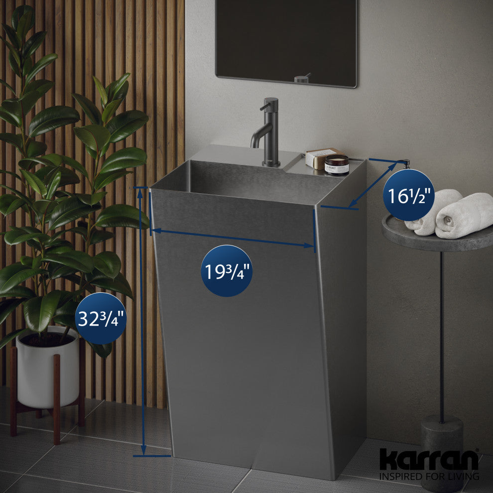 Karran Cinox Stainless Steel Rectangular Pedestal Sink, Stainless Steel