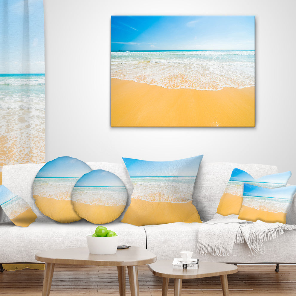 Long Waves on Sand under Blue Sky Seascape Throw Pillow, 18"x18"