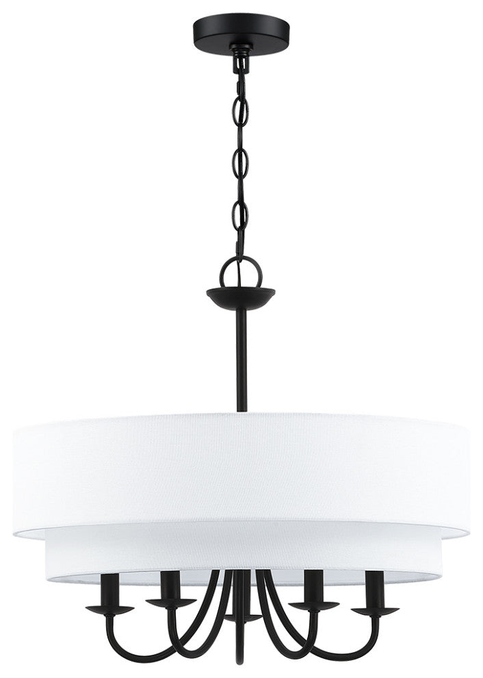 21.5"W 5-Light Black Chandelier Light With White Double Drum Shade