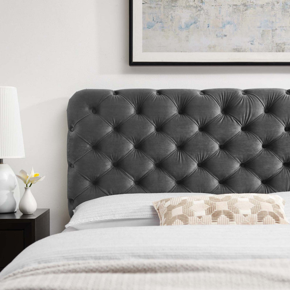 Tufted Headboard, King Size, Velvet, Dark Gray, Modern Contemporary