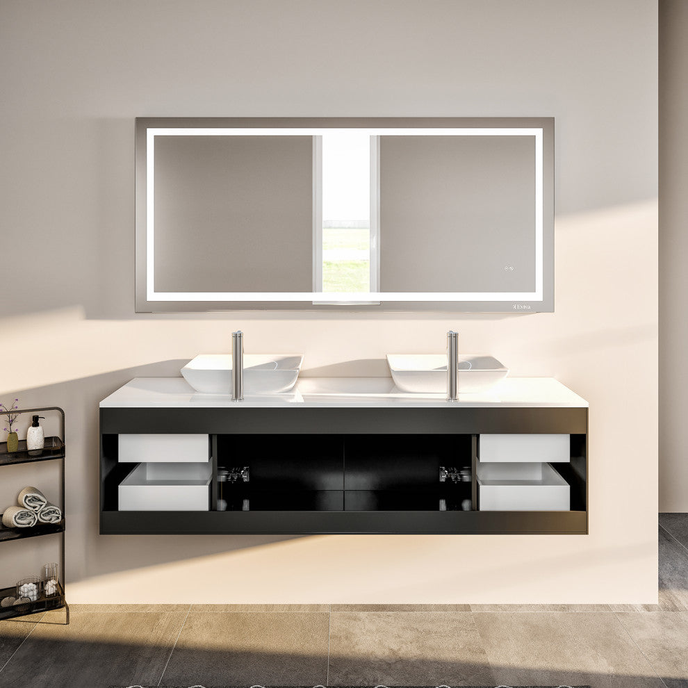 Eviva Wave Wall Mount DS Bath Vanity with WH Quartz Countertop, Espresso, 60"
