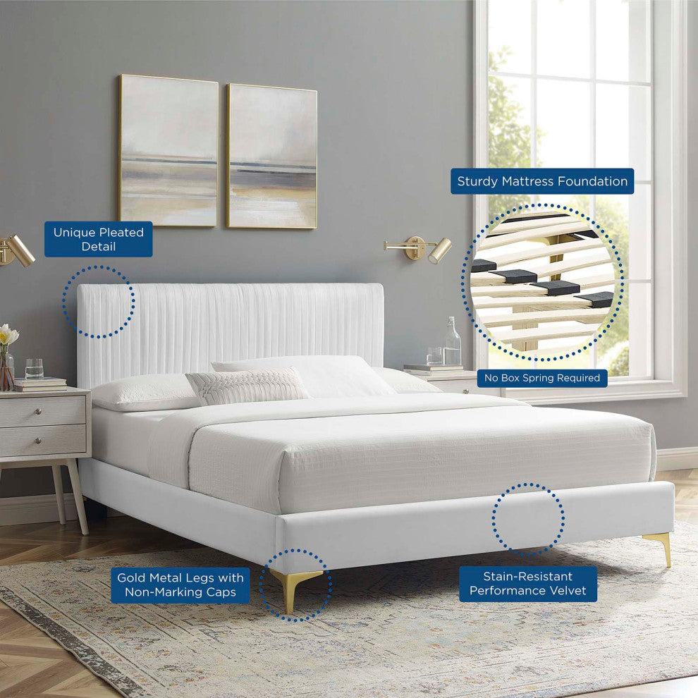 Platform Bed Frame, King Size, Velvet, White, Modern Contemporary, Bedroom