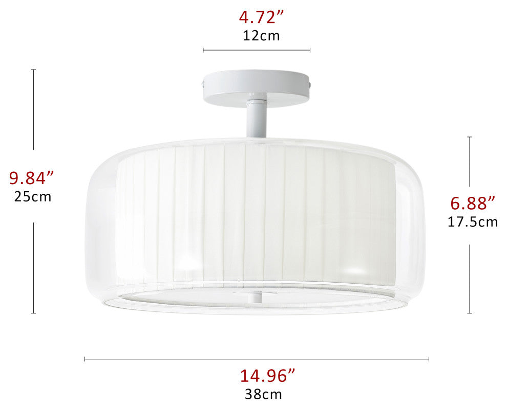 Modern 3-Light Semi Flush Mount Glass Ceiling Light with White Fabric Shade