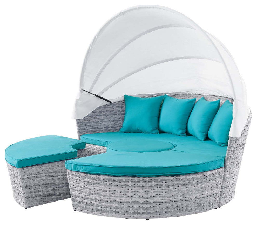 Daybed Sofa Bed, Sunbrella, Gray Blue, Rattan, Wicker, Outdoor Patio