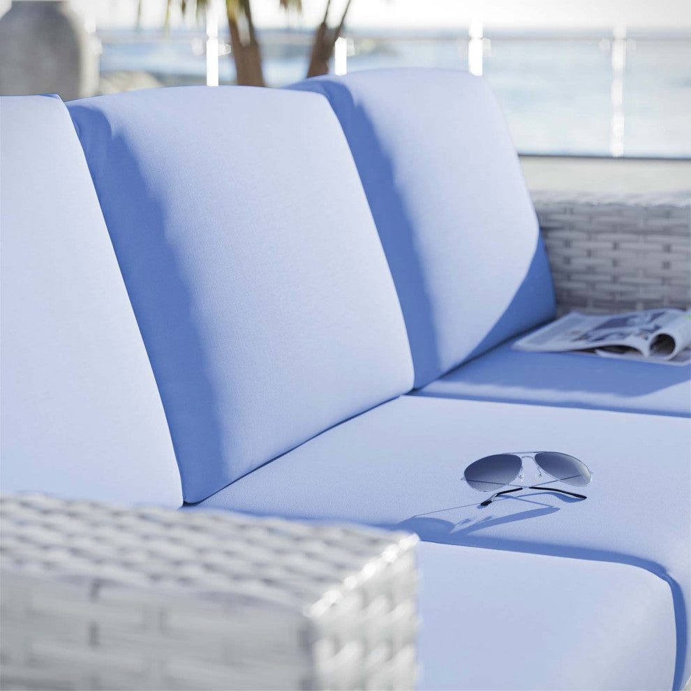 Lounge Sofa, Rattan, Wicker, Gray Blue, Modern, Outdoor Patio Cafe Bistro